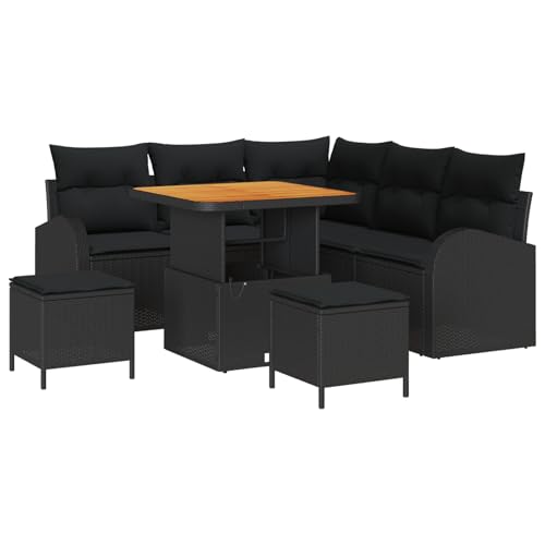 Vopese 8-teilige Garten-Sofaset mit Kissen Schwarz Poly Rattan Akazie, 2-Sitzer Garten-Sofa mit Kissen Schwarz Poly Rattan, 3-teiliges Garten-Dining-Set mit Kissen Schwarz Poly Rattan Akazie Terassenm von Vopese