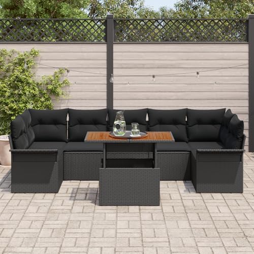 Vopese 8-teiliges Garten Sofa Set mit Kissen Schwarz Poly Rattan, 2-Sitzer Garten Sofa mit Stauraum & Kissen Schwarz Poly Rattan Lounge Sofa Outdoor Model3358039 von Vopese