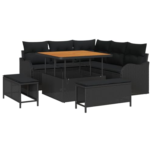 Vopese 8-teiliges Garten Sofa Set mit Kissen Schwarz Poly Rattan Akazie, 2-Sitzer Garten Sofa mit Kissen Schwarz Poly Rattan, 3-teiliges Garten Essset mit Kissen Schwarz Poly Rattan Akazie Terassenm?b von Vopese