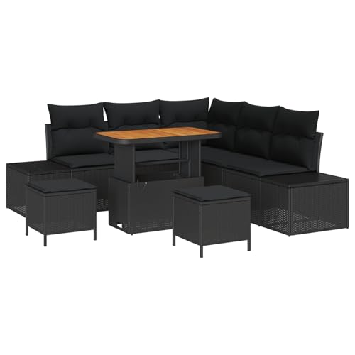 Vopese 8-teiliges Garten Sofa Set mit Kissen Schwarz Poly Rattan Akazie, 2-Sitzer Garten Sofa mit Kissen Schwarz Poly Rattan, 3-teiliges Garten Essset mit Kissen Schwarz Poly Rattan Akazie Terassenm?b von Vopese