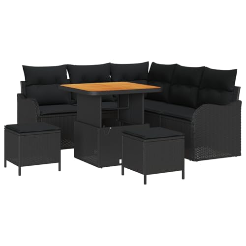Vopese 8-teiliges Garten Sofa Set mit Kissen Schwarz Poly Rattan Akazie, 2-Sitzer Garten Sofa mit Kissen Schwarz Poly Rattan, 3-teiliges Garten Essset mit Kissen Schwarz Poly Rattan Akazie Terassenm?b von Vopese