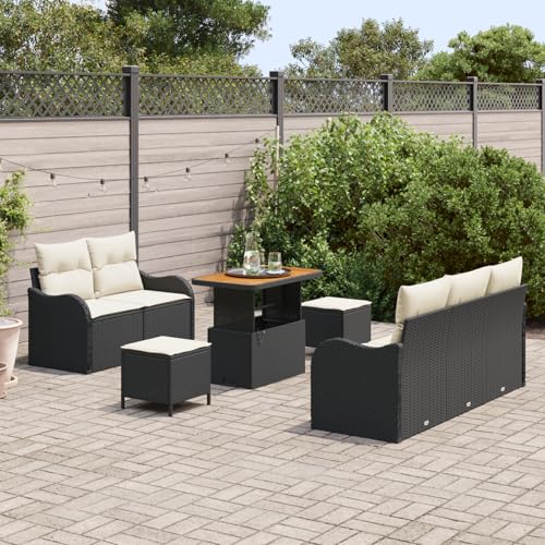 Vopese 8-teiliges Garten-Sofa-Set mit Kissen - Schwarz Poly Rattan Akazie, 2-Sitzer Garten-Sofa mit Stauraum & Kissen - Schwarz Poly Rattan, 3-teiliges Garten-Dining-Set mit Kissen - Schwarz Poly Ratt von Vopese