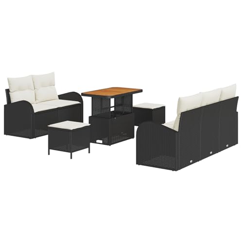 Vopese 8-teiliges Garten-Sofa-Set mit Kissen Schwarz Poly-Rattan Akazie, 2-Sitzer Garten-Sofa mit Stauraum & Kissen Schwarz Poly-Rattan, 3-teiliges Garten-Dining-Set mit Kissen Schwarz Poly-Rattan Aka von Vopese
