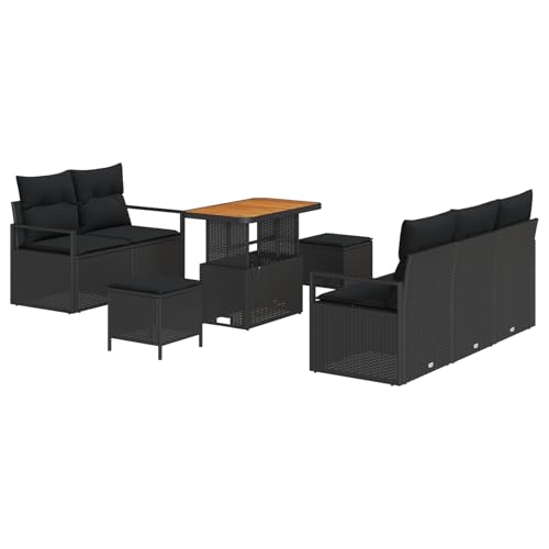 Vopese 8-teiliges Garten Sofa Set mit Kissen Schwarz Poly Rattan Akazie, 2-Sitzer Garten Sofa mit Stauraum & Kissen Schwarz Poly Rattan, 3-teiliges Garten Essenset mit Kissen Schwarz Poly Rattan Akazi von Vopese