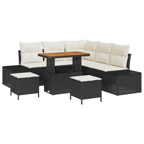 Vopese 8-teiliges Garten Sofa Set mit Kissen Schwarz Poly Rattan Akazie, 2-Sitzer Garten Sofa mit Stauraum & Kissen Schwarz Poly Rattan, 3-teiliges Garten Essgruppe mit Kissen Schwarz Poly Rattan Akaz von Vopese