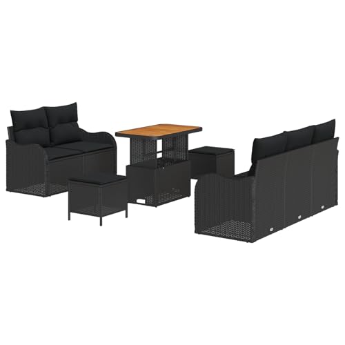 Vopese 8-teiliges Garten Sofa Set mit Kissen Schwarz Poly Rattan Akazie, 2-Sitzer Garten Sofa mit Stauraum & Kissen Schwarz Poly Rattan, 3-teiliges Garten Essset mit Kissen Schwarz Poly Rattan Akazie von Vopese