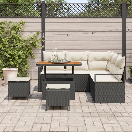 Vopese 8-teiliges Garten Sofa Set mit Kissen Schwarz Poly Rattan Akazie, 2-Sitzer Garten Sofa mit Stauraum und Kissen Schwarz Poly Rattan, 3-teiliges Garten Essset mit Kissen Schwarz Poly Rattan Akazi von Vopese