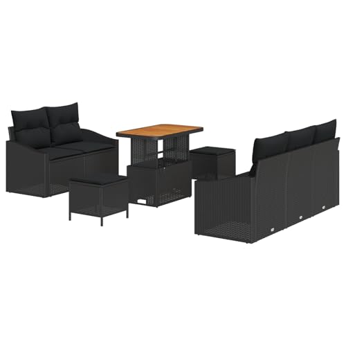 Vopese 8-teiliges Garten Sofa Set mit Kissen Schwarz Poly Rattan Akazie, 2-Sitzer Garten Sofa mit Stauraum & Kissen Schwarz Poly Rattan, 3-teiliges Garten Essset mit Kissen Schwarz Poly Rattan Akazie von Vopese