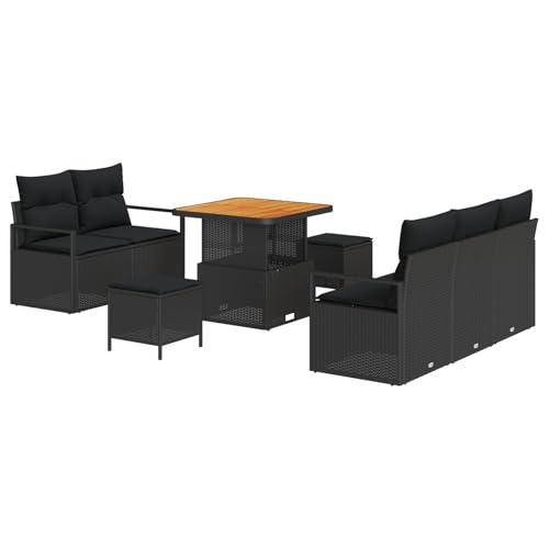 Vopese 8-teiliges Garten Sofaset mit Kissen Schwarz Poly-Rattan Akazie, 2-Sitzer Garten Sofa mit Kissen Schwarz Poly-Rattan, 3-teiliges Garten Essenset mit Kissen Schwarz Poly-Rattan Akazie Terassenm? von Vopese