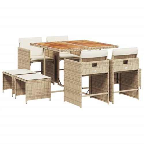 Vopese 9-TLG. Garten-Essgruppe mit Kissen Beige Poly Rattan Garten-Esstisch und Stühle Model3211144 von Vopese