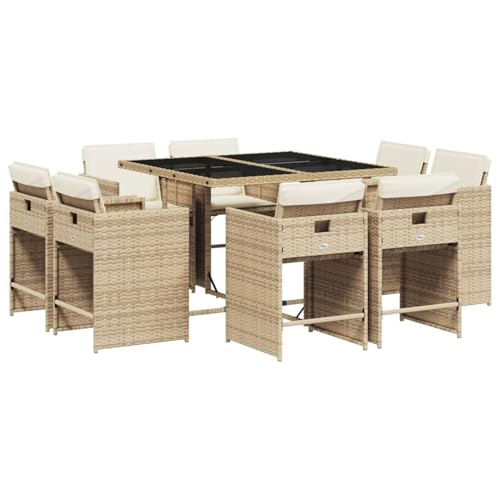 Vopese 9-TLG. Garten-Essgruppe mit Kissen Beige Poly Rattan Garten-Esstisch und Stühle Model3211198 von Vopese