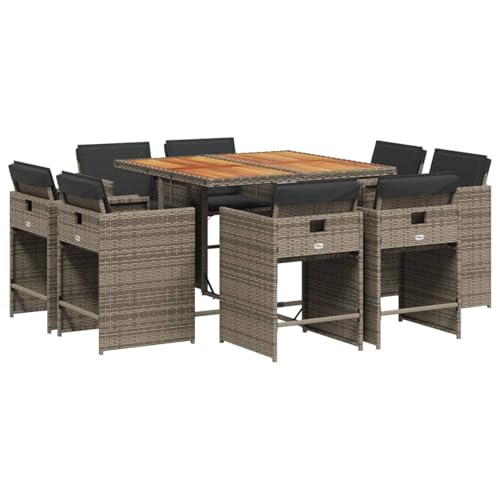 Vopese 9-TLG. Garten-Essgruppe mit Kissen Grau Poly Rattan Garten-Esstisch und Stühle Model3211202 von Vopese