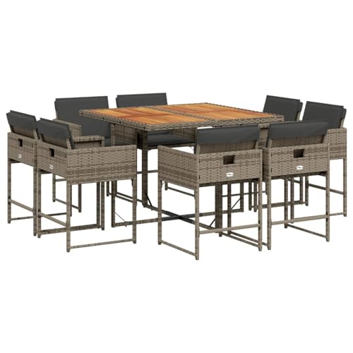 Vopese 9-TLG. Garten-Essgruppe mit Kissen Grau Poly Rattan Garten-Esstisch und Stühle Model3211382 von Vopese
