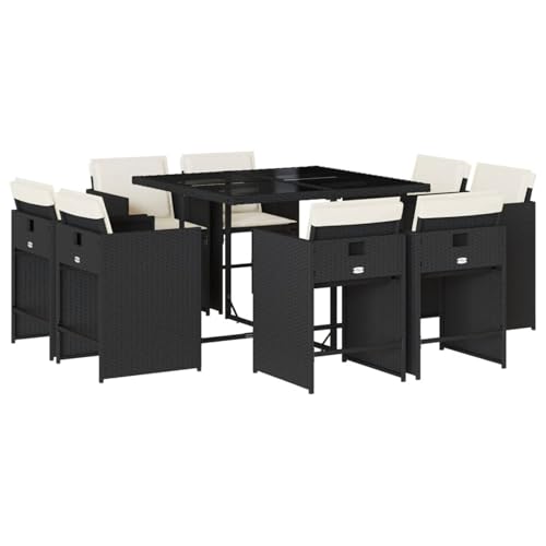 Vopese 9-TLG. Garten-Essgruppe mit Kissen Schwarz Poly Rattan Garten-Esstisch und Stühle Model3211194 von Vopese