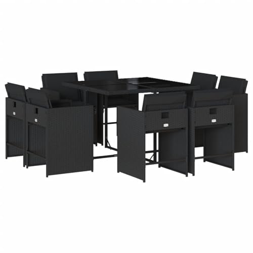 Vopese 9-TLG. Garten-Essgruppe mit Kissen Schwarz Poly Rattan Garten-Esstisch und Stühle Model3211195 von Vopese