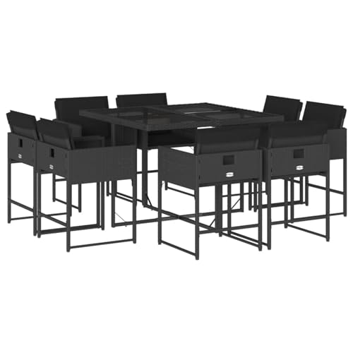 Vopese 9-TLG. Garten-Essgruppe mit Kissen Schwarz Poly Rattan Garten-Esstisch und Stühle Model3211375 von Vopese