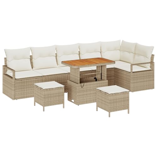 Vopese 9 Teiliges Garten Sofa Set mit Kissen Beige Poly Rattan Akazie, 2-Sitzer Garten Sofa mit Kissen Beige Poly Rattan, 3 Teiliges Garten Esszimmer Set mit Kissen Beige Poly Rattan Akazie Terassenm? von Vopese