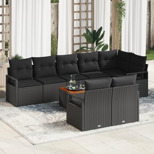 Vopese 9-Teiliges Garten Sofa Set mit Kissen Schwarz Poly Rattan Akazie, 2-Sitzer Garten Sofa mit Kissen Schwarz Poly Rattan Lounge Sofa Outdoor Model3347723 von Vopese