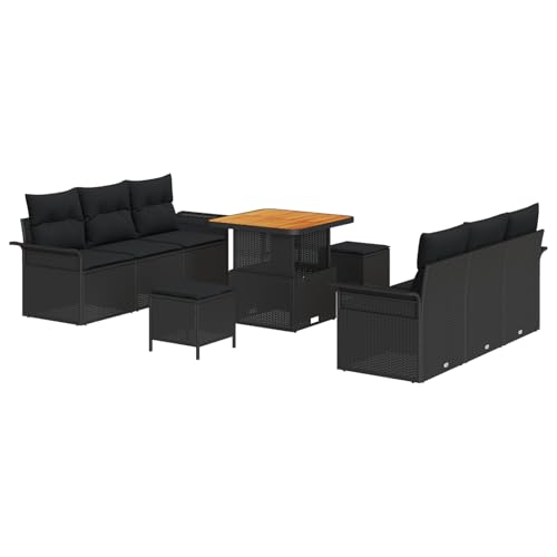 Vopese 9-teilige Garten Sofa Set mit Kissen Schwarz Poly Rattan Akazie, 2-Sitzer Garten Sofa mit Stauraum & Kissen Schwarz Poly Rattan, 3-teilige Garten Essgruppe mit Kissen Schwarz Poly Rattan Akazie von Vopese