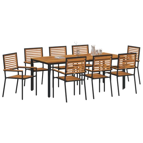 Vopese 9-teiliges Garten Essset Schwarz Poly Rattan Akazie, stapelbare Gartenstühle mit Kissen 2 Stück Schwarz Poly Rattan, Gartentisch 200x90x75 cm aus massivem Akazienholz und Metall Terassenm?bel A von Vopese