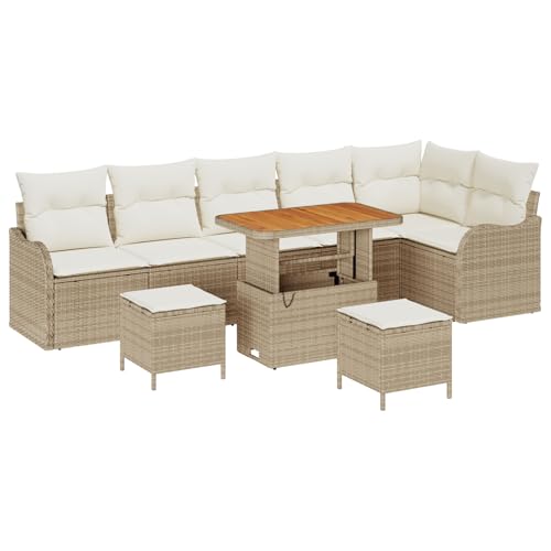 Vopese 9-teiliges Garten Sofa Set mit Kissen Beige Poly Rattan Akazie, 2-Sitzer Garten Sofa mit Kissen Beige Poly Rattan, 3-teiliges Garten Esszimmer Set mit Kissen Beige Poly Rattan Akazie Terassenm? von Vopese