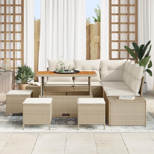 Vopese 9-teiliges Garten-Sofa-Set mit Kissen Beige Poly-Rattan Akazie, 2-Sitzer Garten-Sofa mit Kissen Beige Poly-Rattan, 4-teiliges Garten-Dining-Set mit Kissen Beige Poly-Rattan Akazie Terassenm?bel von Vopese