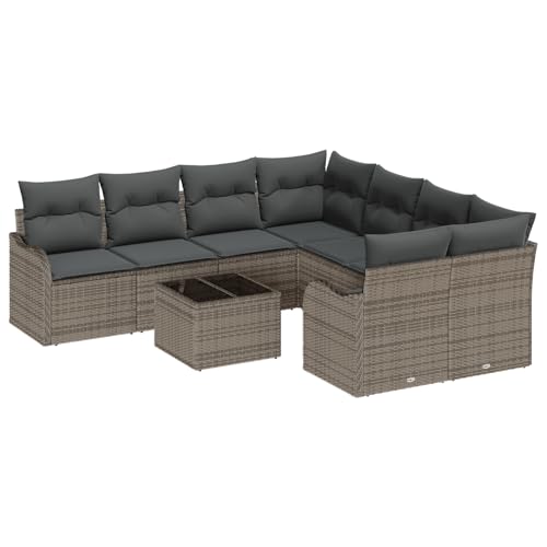 Vopese 9-teiliges Garten Sofa Set mit Kissen Grau Poly Rattan, 2-Sitzer Garten Sofa mit Stauraum & Kissen Grau Poly Rattan Lounge Sofa Outdoor Model3354308 von Vopese