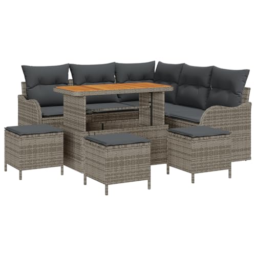 Vopese 9-teiliges Garten-Sofa-Set mit Kissen Grau Poly-Rattan Akazie, 2-Sitzer Garten-Sofa mit Stauraum & Kissen Grau Poly-Rattan, 4-teiliges Garten-Dining-Set mit Kissen Grau Poly-Rattan Akazie Teras von Vopese