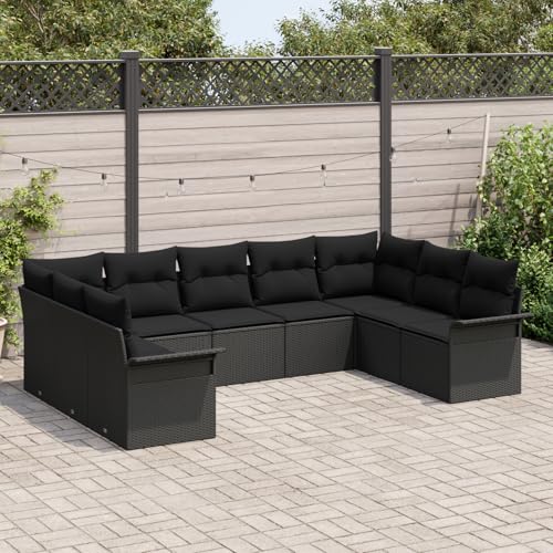Vopese 9-teiliges Garten Sofa Set mit Kissen Schwarz Poly Rattan, 2-Sitzer Garten Sofa mit Stauraum & Kissen Schwarz Poly Rattan Lounge Sofa Outdoor Model3354192 von Vopese