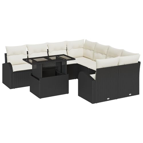 Vopese 9-teiliges Garten Sofa Set mit Kissen Schwarz Poly Rattan, 2-Sitzer Garten Sofa mit Stauraum & Kissen Schwarz Poly Rattan Lounge Sofa Outdoor Model3357350 von Vopese