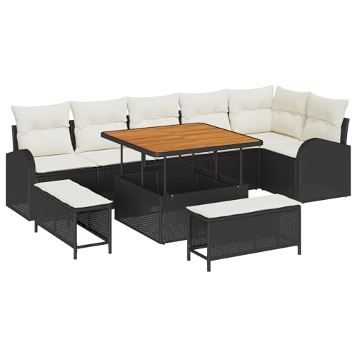 Vopese 9-teiliges Garten Sofa Set mit Kissen Schwarz Poly Rattan Akazie, 2-Sitzer Garten Sofa mit Kissen Schwarz Poly Rattan, 3-teiliges Garten Ess Set mit Kissen Schwarz Poly Rattan Akazie Terassenm? von Vopese