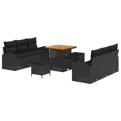 Vopese 9-teiliges Garten Sofa Set mit Kissen Schwarz Poly Rattan Akazie, 2-Sitzer Garten Sofa mit Kissen Schwarz Poly Rattan, 3-teiliges Garten Essset mit Kissen Schwarz Poly Rattan Akazie Terassenm?b von Vopese
