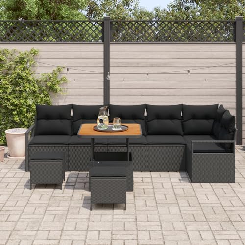 Vopese 9-teiliges Garten Sofa Set mit Kissen Schwarz Poly Rattan Akazie, 2-Sitzer Garten Sofa mit Kissen Schwarz Poly Rattan, 3-teiliges Garten Essset mit Kissen Schwarz Poly Rattan Akazie Terassenm?b von Vopese