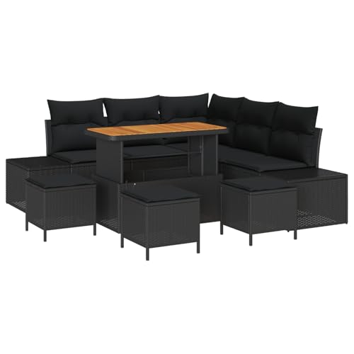 Vopese 9-teiliges Garten Sofa Set mit Kissen Schwarz Poly Rattan Akazie, 2-Sitzer Garten Sofa mit Kissen Schwarz Poly Rattan, 4-teiliges Garten Essset mit Kissen Schwarz Poly Rattan Akazie Terassenm?b von Vopese