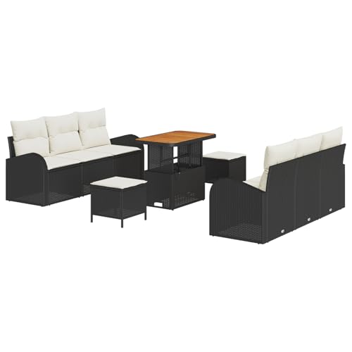Vopese 9-teiliges Garten-Sofa-Set mit Kissen Schwarz Poly-Rattan Akazie, 2-Sitzer Garten-Sofa mit Stauraum & Kissen Schwarz Poly-Rattan, 3-teiliges Garten-Ess-Set mit Kissen Schwarz Poly-Rattan Akazie von Vopese