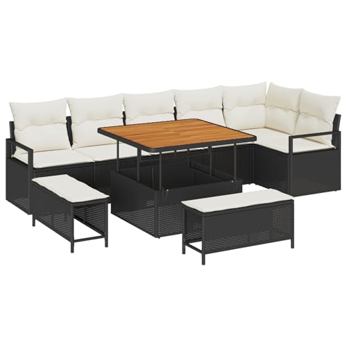 Vopese 9-teiliges Garten Sofa Set mit Kissen Schwarz Poly Rattan Akazie, 2-Sitzer Garten Sofa mit Stauraum & Kissen Schwarz Poly Rattan, 3-teiliges Garten Ess-Set mit Kissen Schwarz Poly Rattan Akazie von Vopese