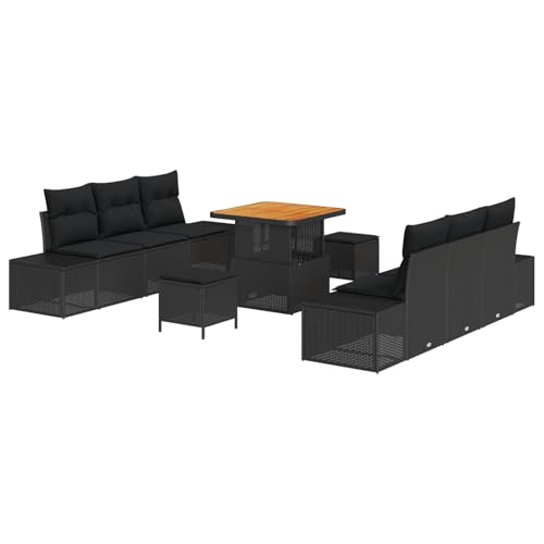 Vopese 9-teiliges Garten-Sofa-Set mit Kissen Schwarz Poly-Rattan Akazie, 2-Sitzer Garten-Sofa mit Stauraum & Kissen Schwarz Poly-Rattan, 3-teiliges Garten-Essset mit Kissen Schwarz Poly-Rattan Akazie von Vopese