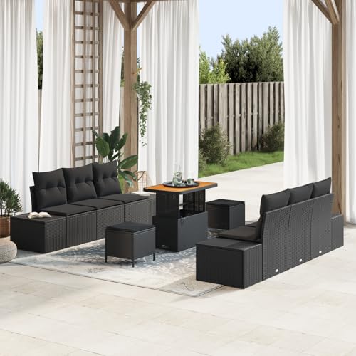 Vopese 9-teiliges Garten Sofa Set mit Kissen Schwarz Poly Rattan Akazie, 2-Sitzer Garten Sofa mit Stauraum & Kissen Schwarz Poly Rattan, 3-teiliges Garten Esstischset mit Kissen Schwarz Poly Rattan Ak von Vopese