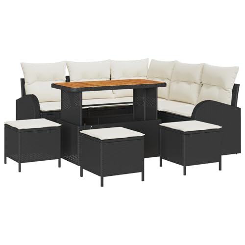 Vopese 9-teiliges Garten-Sofa-Set mit Kissen Schwarz Poly-Rattan Akazie, 2-Sitzer Garten-Sofa mit Stauraum & Kissen Schwarz Poly-Rattan, 4-teiliges Garten-Dining-Set mit Kissen Schwarz Poly-Rattan Aka von Vopese
