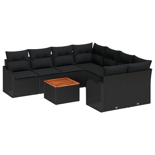 Vopese 9-teiliges Garten Sofa Set mit Kissen Schwarz Poly Rattan Akazie, 2-Sitzer Garten Sofa mit Stauraum & Kissen Schwarz Poly Rattan Lounge Sofa Outdoor Model3356105 von Vopese