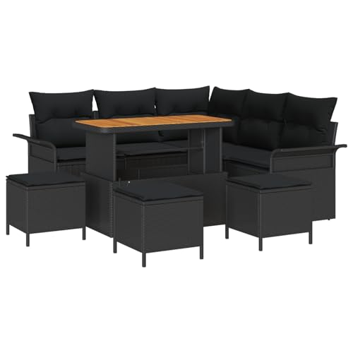 Vopese 9-teiliges Garten Sofa Set mit Kissen Schwarzes Poly Rattan Akazie, 2-Sitzer Garten Sofa mit Kissen Schwarzes Poly Rattan, 4-teiliges Garten Ess-Set mit Kissen Schwarzes Poly Rattan Akazie Tera von Vopese
