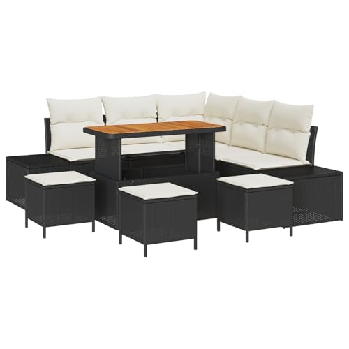 Vopese 9-teiliges Garten Sofaset mit Kissen Schwarz Poly Rattan Akazie, 2-Sitzer Garten Sofa mit Kissen Schwarz Poly Rattan, 4-teiliges Garten Essenset mit Kissen Schwarz Poly Rattan Akazie Terassenm? von Vopese