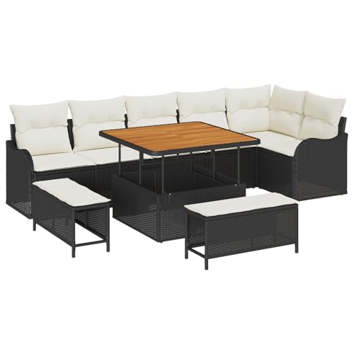 Vopese 9-teiliges Garten Sofaset mit Kissen Schwarz Poly-Rattan Akazie, 2-Sitzer Garten Sofa mit Stauraum & Kissen Schwarz Poly-Rattan, 3-teiliges Garten Esstischset mit Kissen Schwarz Poly-Rattan Aka von Vopese