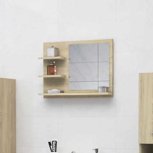 Vopese Badspiegel mit 3 Ablagen Badezimmerspiegel Spiegelregal Wandspiegel Hängespiegel Badmöbel Spiegel Flurspiegel für Badezimmer Sonoma-Eiche 60x10,5x45 cm Holzwerkstoff von Vopese