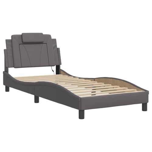 Vopese Bettgestell mit LED Grau 90x190 cm Kunstleder Massivholz Bettgestell Model3213990 von Vopese