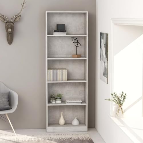 Vopese Bücherregal 5 F?Cher Betongrau 60x24x175 cm Holzwerkstoff Standregal Model800886 von Vopese