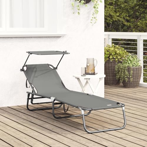 Vopese Faltbare Sonnenliege mit Sonnendach Grau 600D Oxfordstoff Sonnenschirm Model42003131 von Vopese
