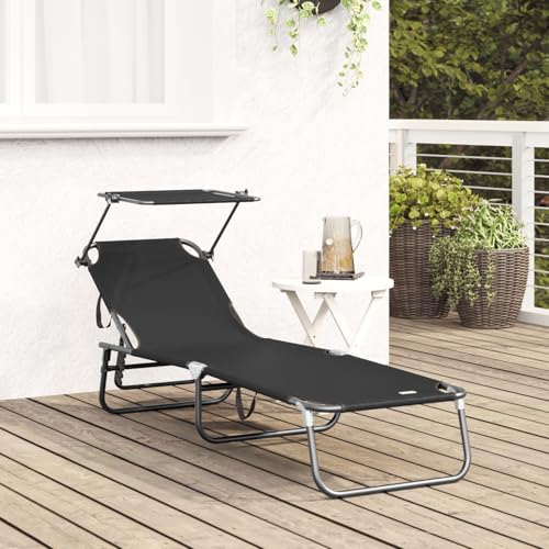 Vopese Faltbare Sonnenliege mit Sonnendach Schwarz 600D Oxford-Gewebe Sonnenschirm Model42003129 von Vopese