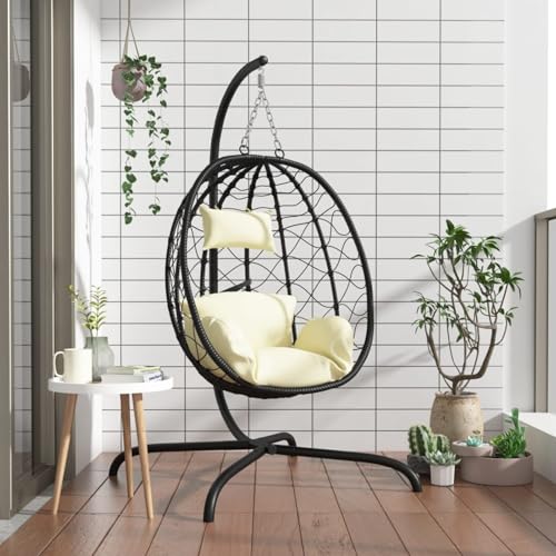 Vopese Hängesessel Ei mit Kissen Cremeweiß Poly Rattan & Stahl Eierstuhl Model360046 von Vopese