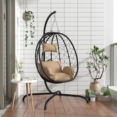 Vopese Hängesessel Ei mit Kissen Taupe Poly Rattan & Stahl Eierstuhl Model360047 von Vopese